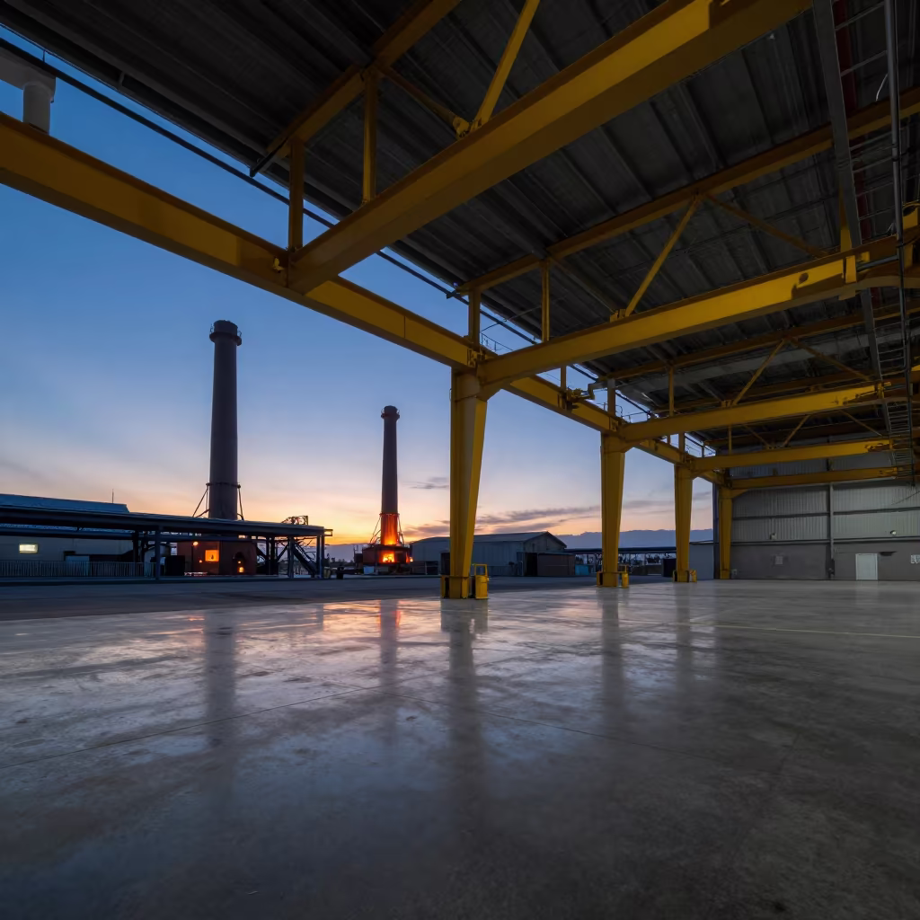 Yellow Gantry Turbine Hall Blue Hour Winter in at a loading dock near Santiago