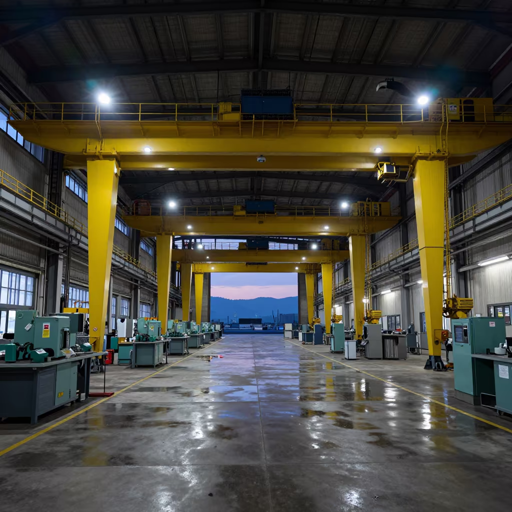 Yellow Gantry Over Wet Concrete in Genoa Turbine Hall in in a machine shop near Genoa