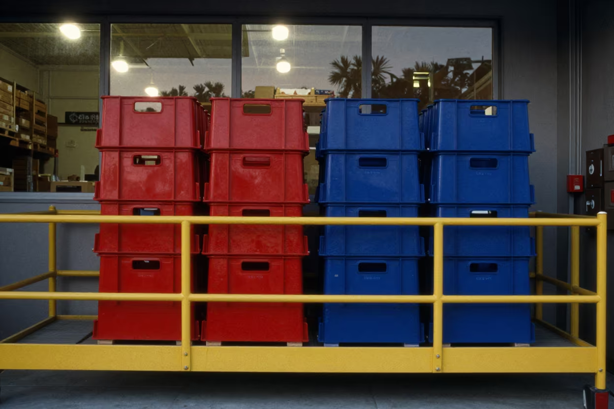 Yellow Guardrails and Tote Bins on Warehouse Mezzanine in inside a cross-dock lane in Cali