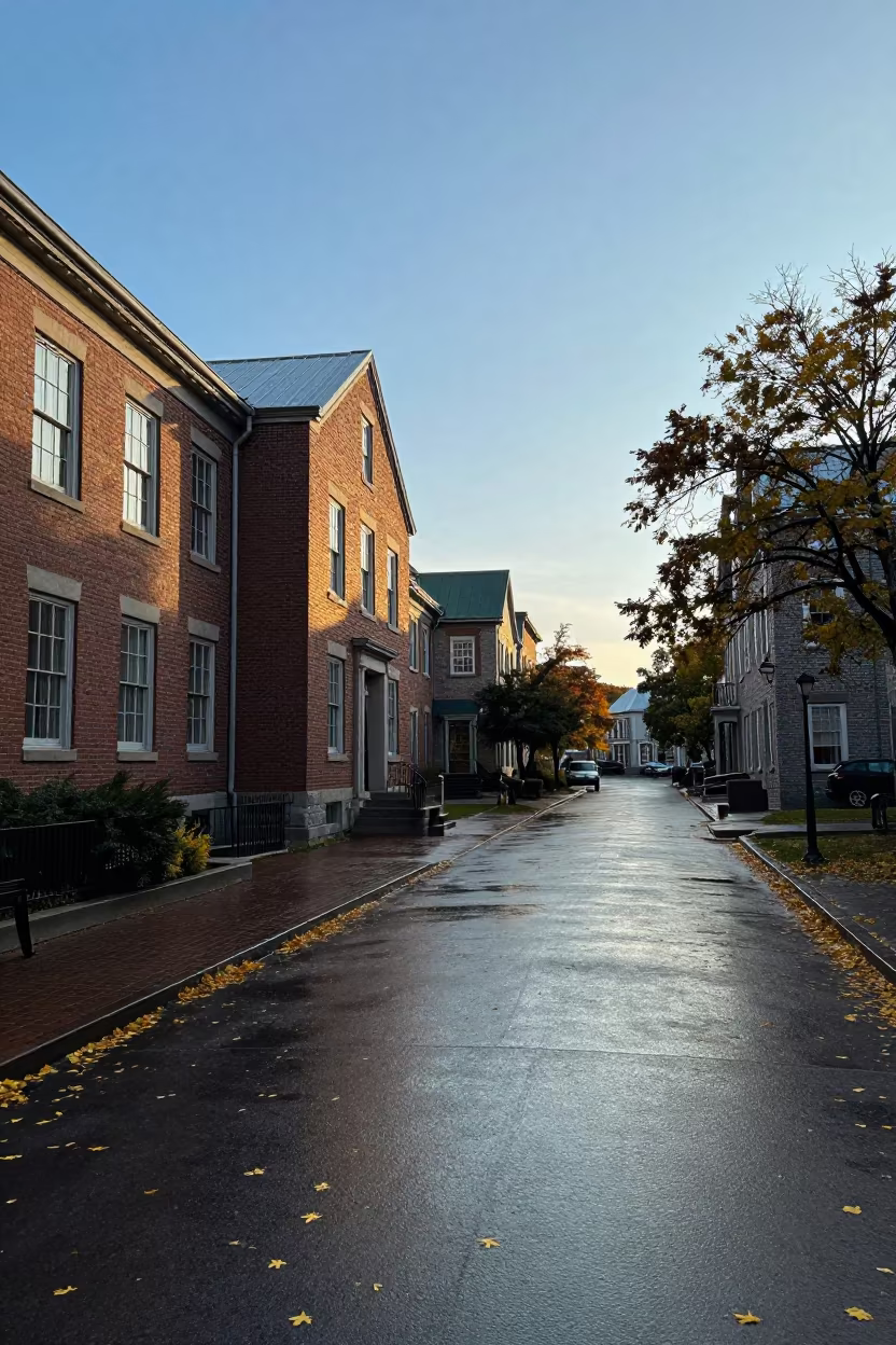 Yellow Leaves on Campus Quad Morning Light in outside a brick lecture building near Old Quebec, Quebec City