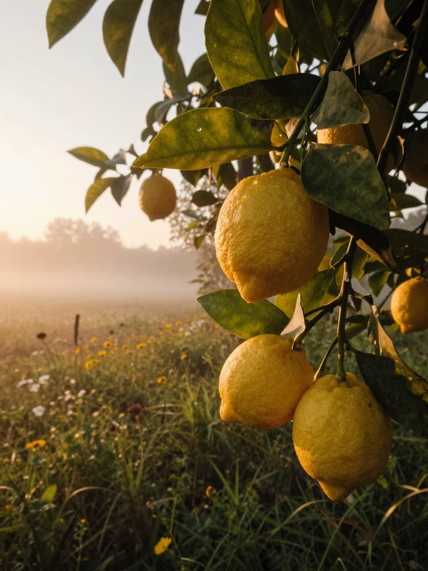 Yellow lemons in amber sunset meadow in in a bloom-heavy meadow near Bariloche