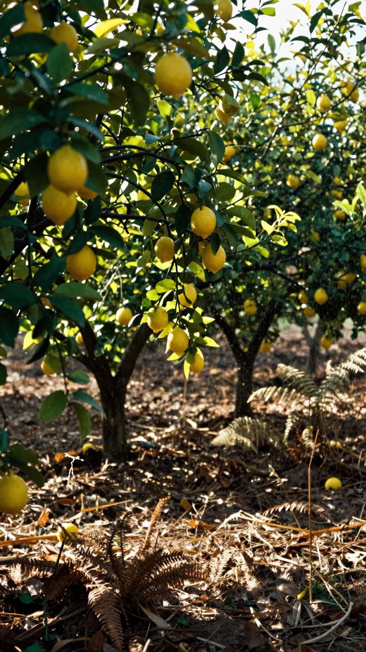 Yellow Lemons on Fern Floor in Uzbekistan Winter in on a fern-lined forest floor in Uzbekistan