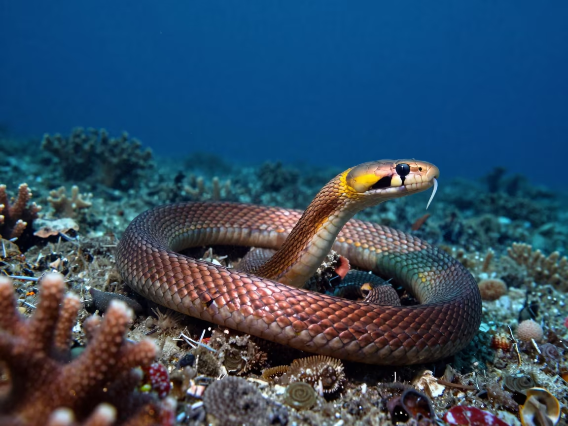 Yellow-Lipped Sea Snake on Coral Ledge Belize in along a coral wall with blue water beyond near Belize City