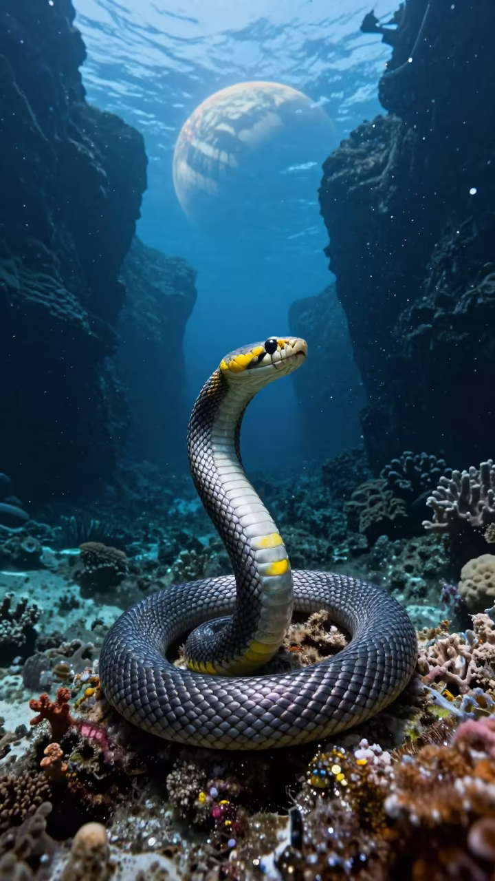 Yellow Sea Snake Rings Over Stone Town Reef in beside a reef crevice under clear water near Stone Town