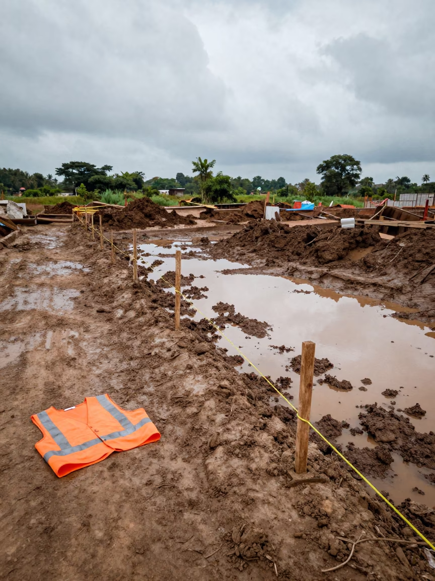 Yellow String Line on Muddy Road After Rain in at a muddy site access road near Solapur