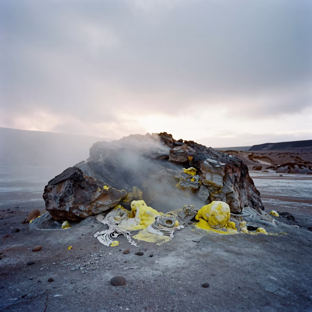 Yellow Sulfur Deposits on Chilean Fumarole Dawn in in Chile