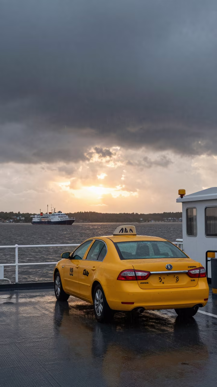 Yellow Taxi on Ferry Deck at Sunset in Rain in across a remote ferry crossing near Uppsala
