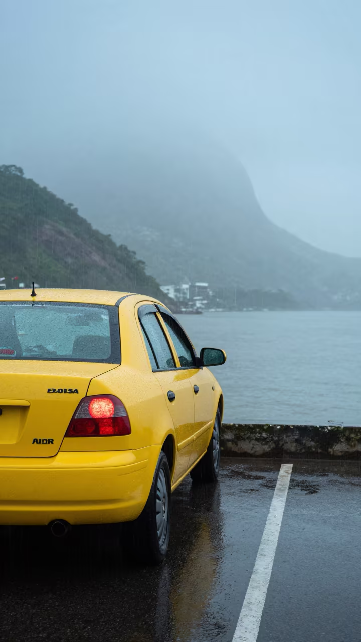 Yellow Taxi at Foggy Brazilian Harbor in beside a fogbound harbor mouth in Brazil