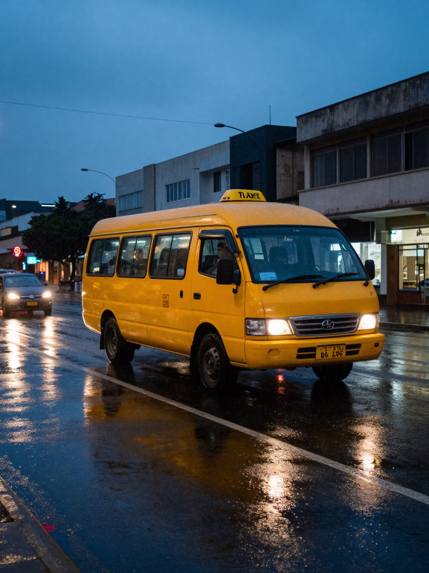 Yellow Taxi in Indigo Twilight Rain on Johannesburg Street with Neon Signs in in Johannesburg, South Africa