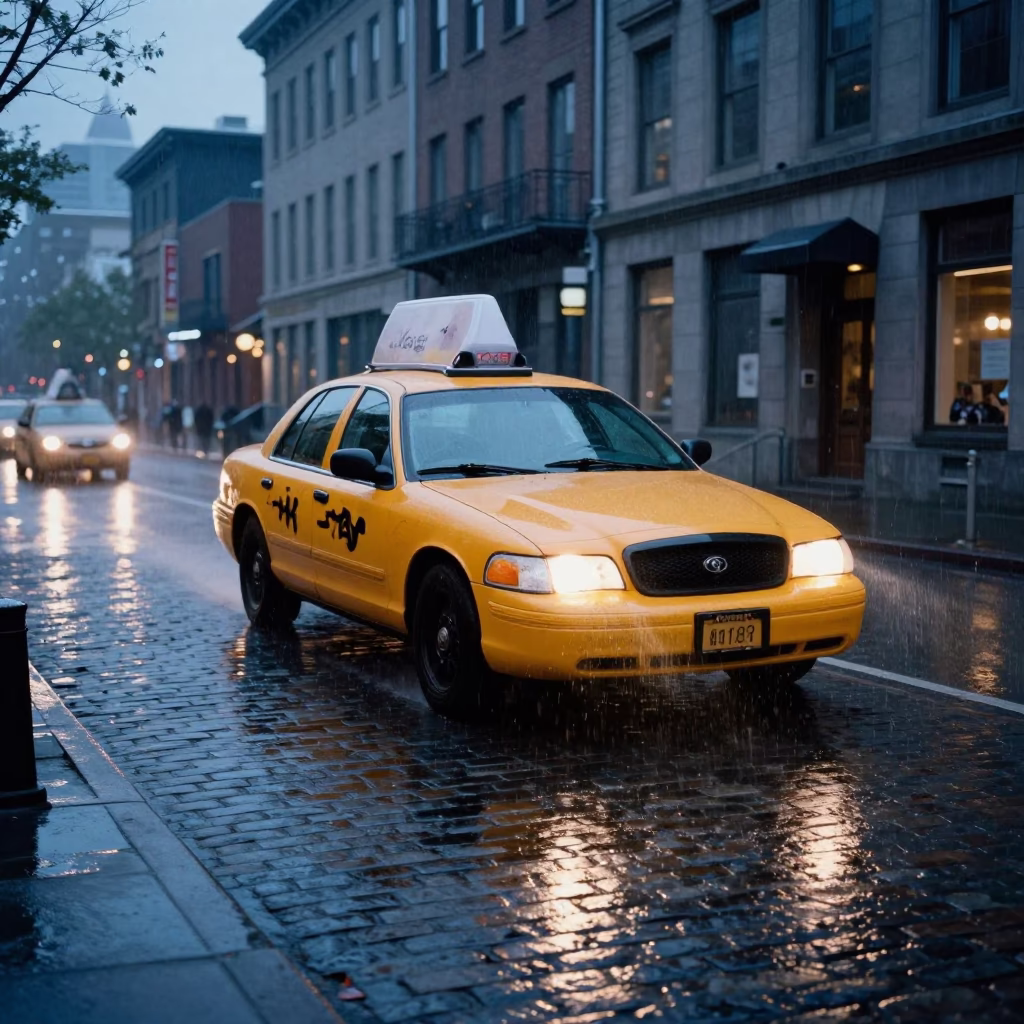 Yellow Taxi in Montreal at The Still Hours Before Dawn Light in in Montreal, Quebec, Canada