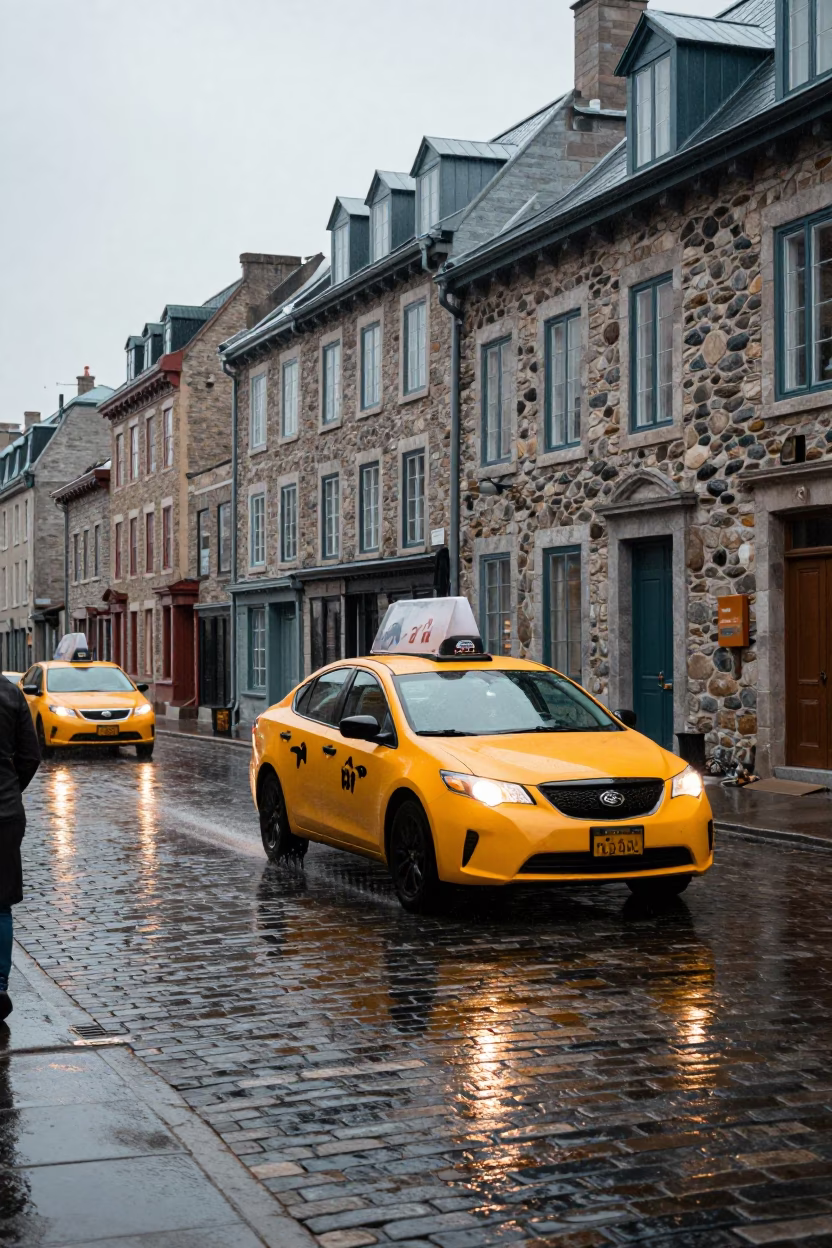 Yellow Taxi in Rain and Historic Quebec City Architecture Early Afternoon in in Quebec City, Quebec, Canada