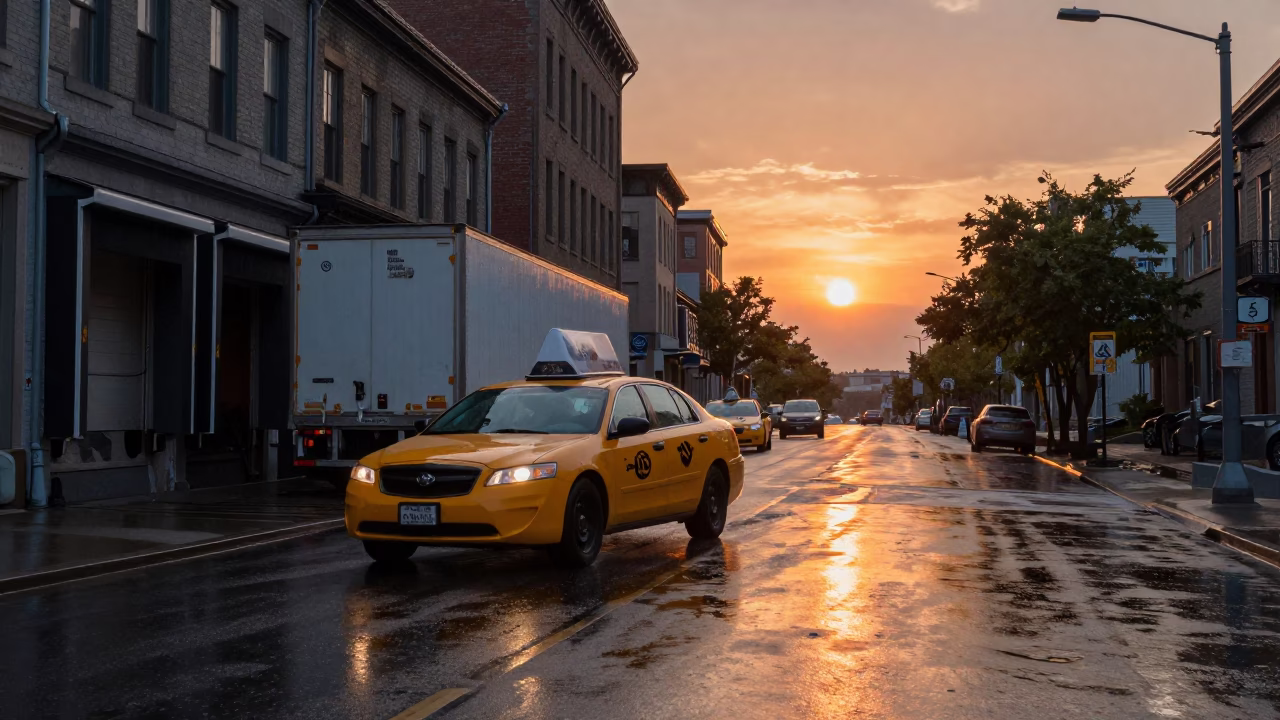 Yellow Taxi in Rain on Montreal Street at Sunset with Snowy Breakwater View in in Montreal, Quebec, Canada