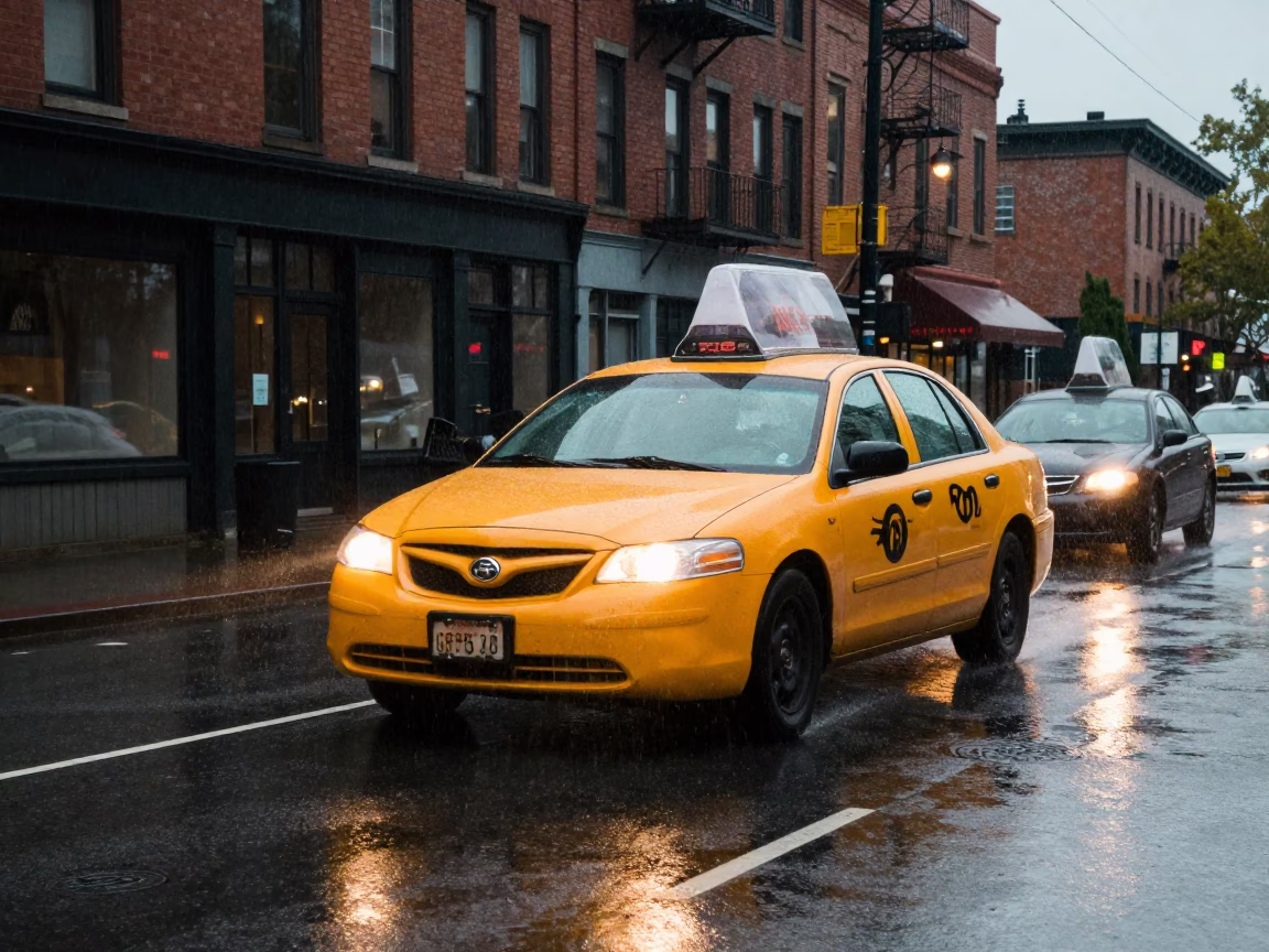 Yellow Taxi in Rain Seattle Washington Late Afternoon Street Scene in in Seattle, Washington, United States