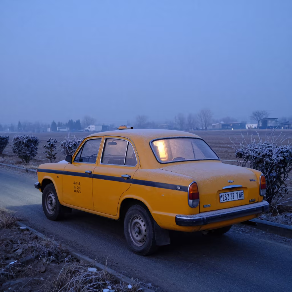Yellow Taxi on Kashmir Causeway in Evening Frost in on a wind-open causeway in Kashmir