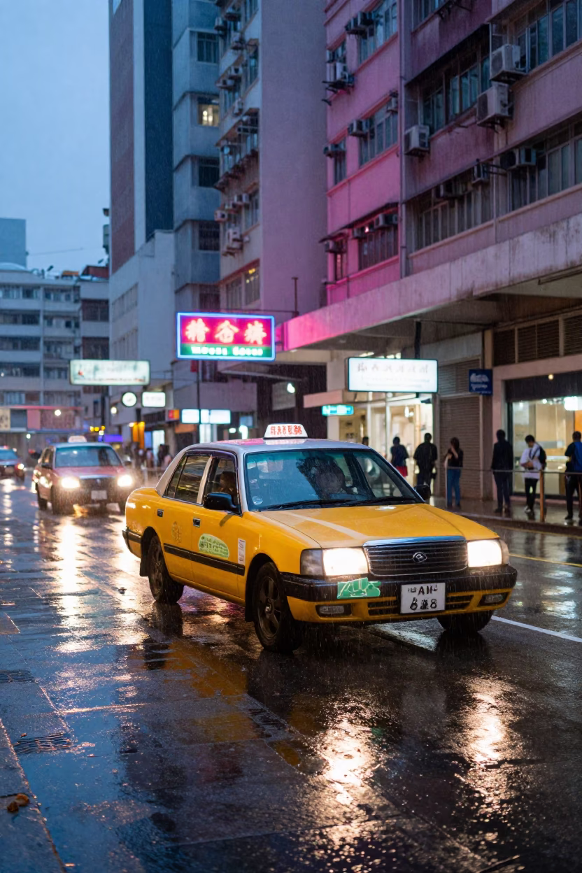 Yellow Taxi Navigating Wet Hong Kong Streets During Twilight Rain in in Hong Kong, Hong Kong