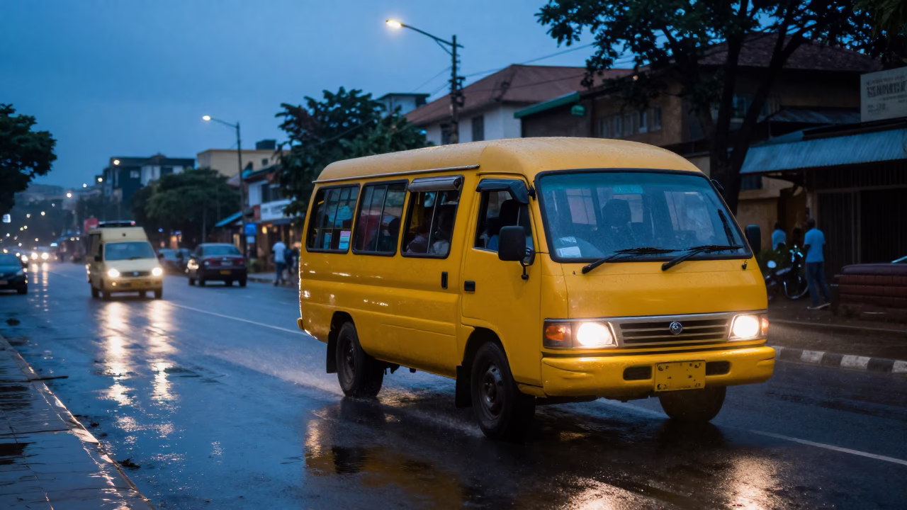Yellow Taxi Navigating Wet Nairobi Streets Under Indigo Twilight Sky in in Nairobi, Kenya