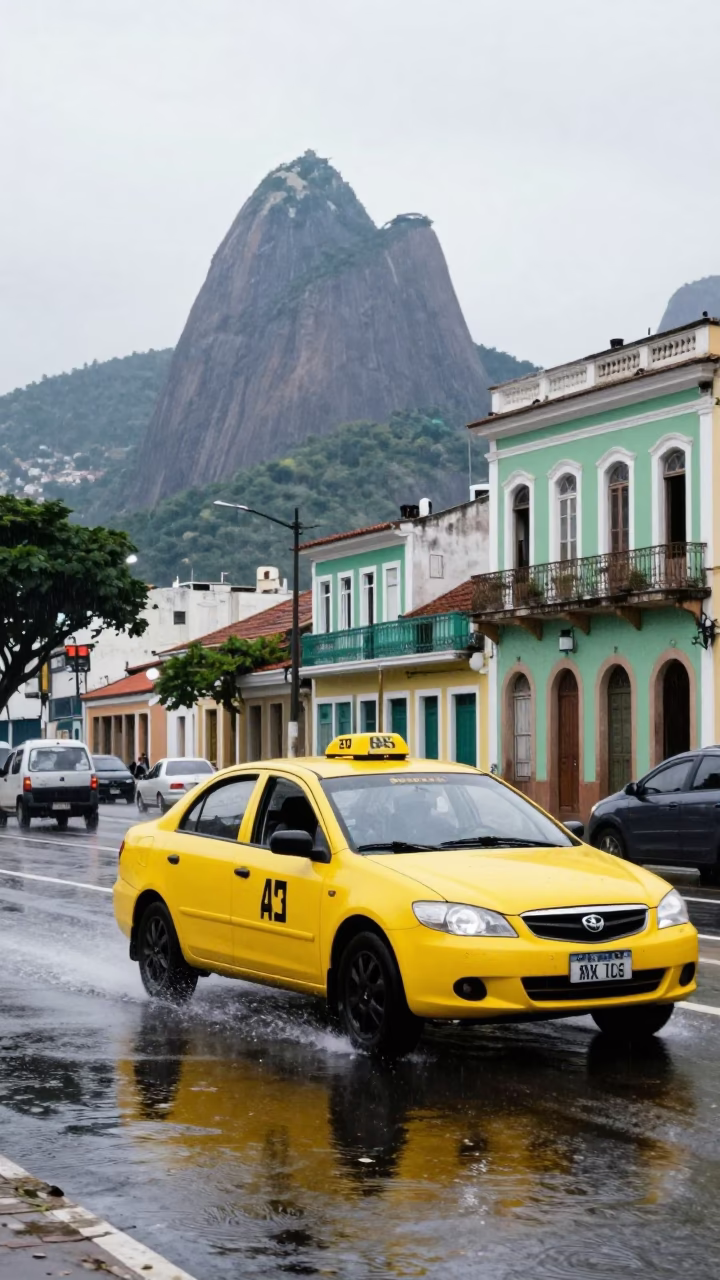 Yellow Taxi Navigating Wet Rio De Janeiro Streets Under Midday Rain in in Rio de Janeiro, Brazil