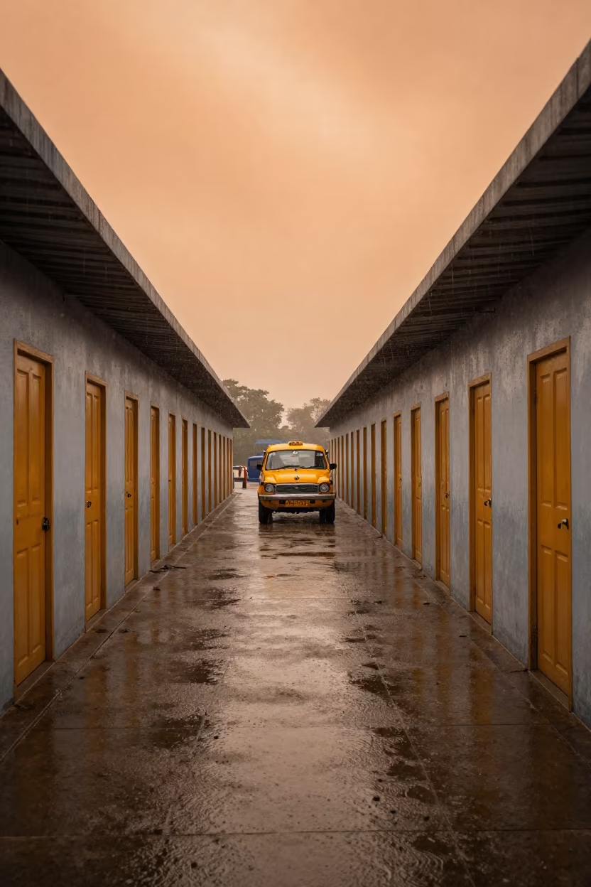 Yellow Taxi Rainy Ferry Crossing Surreal in across a remote ferry crossing near Mandsaur