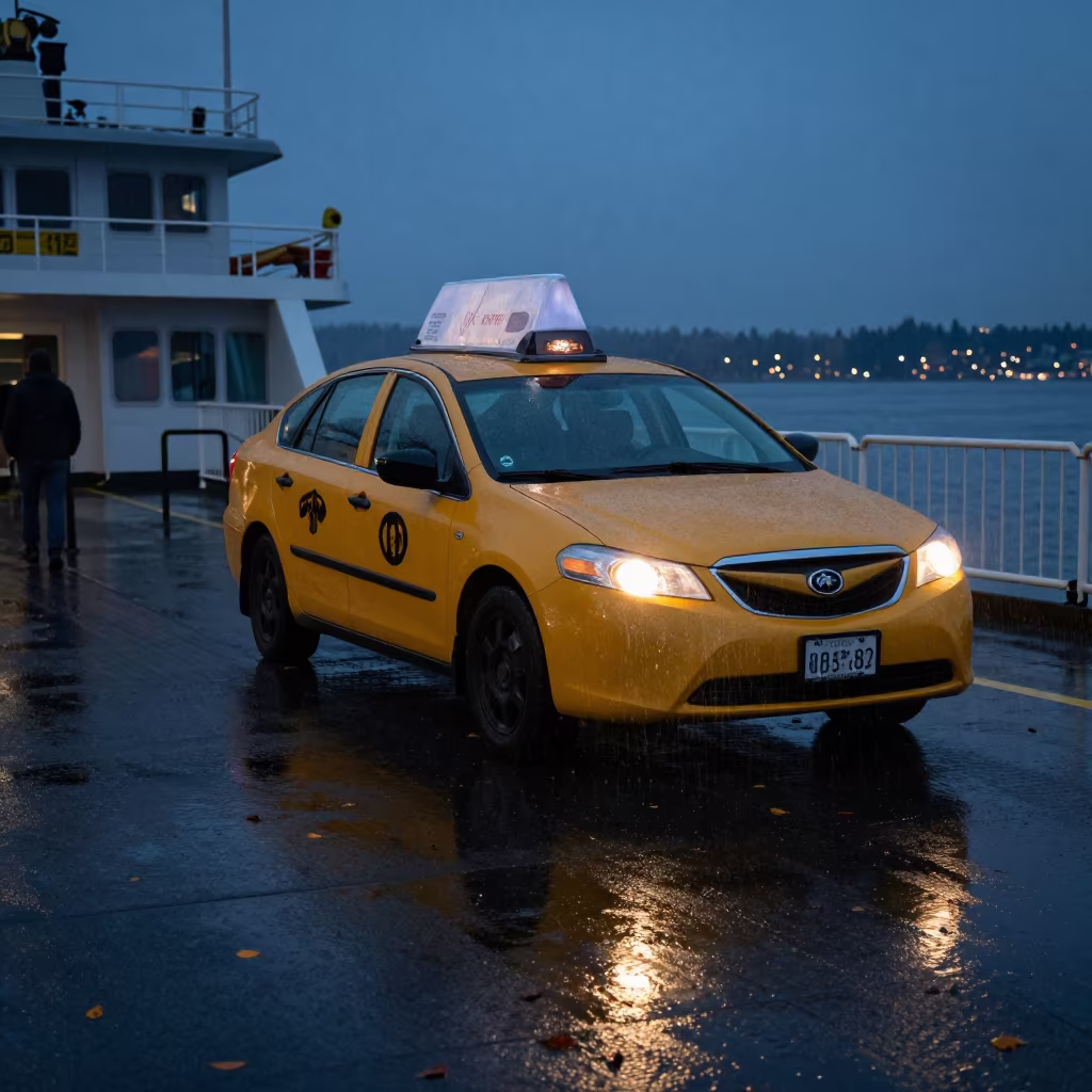Yellow Taxi on Remote Ferry Crossing in Rain in across a remote ferry crossing near Victoria