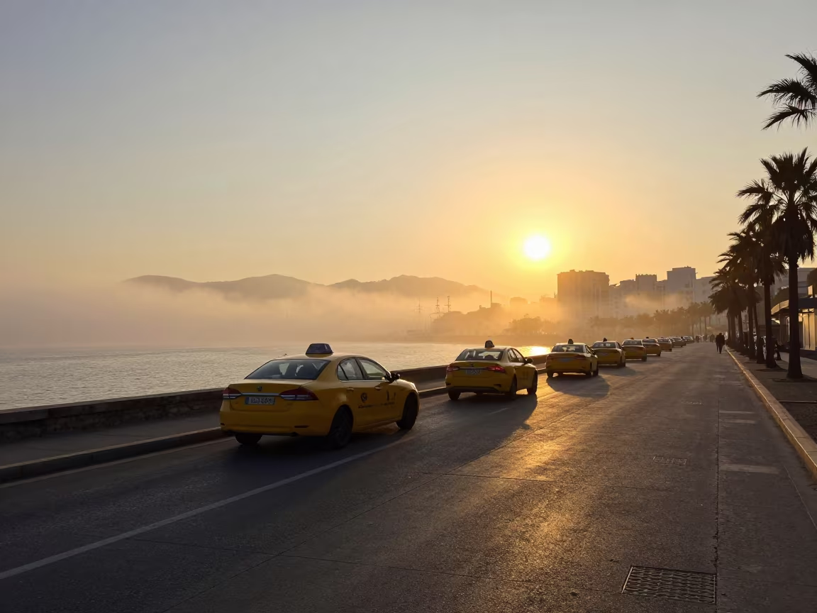 Yellow Taxi Silhouettes on Spanish Harbor Quay in beside a fogbound harbor mouth in Spain