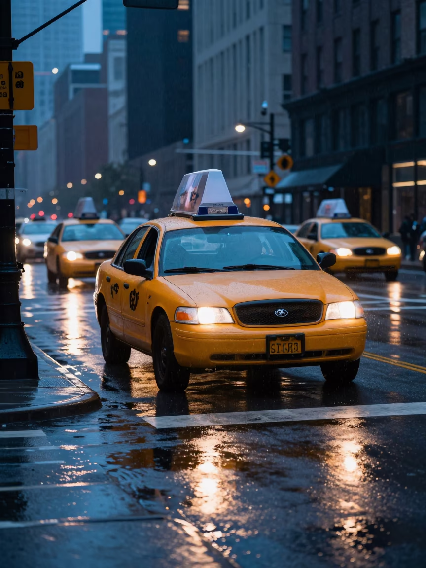 Yellow Taxi Waiting in Pre-Dawn Chicago Rain Before Sunrise in in Chicago, Illinois, United States