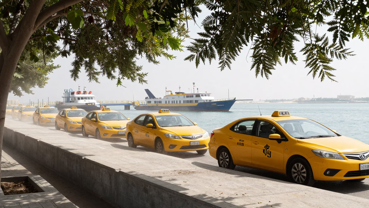 Yellow Taxis in Dappled Ferry Light UAE in across a remote ferry crossing in United Arab Emirates