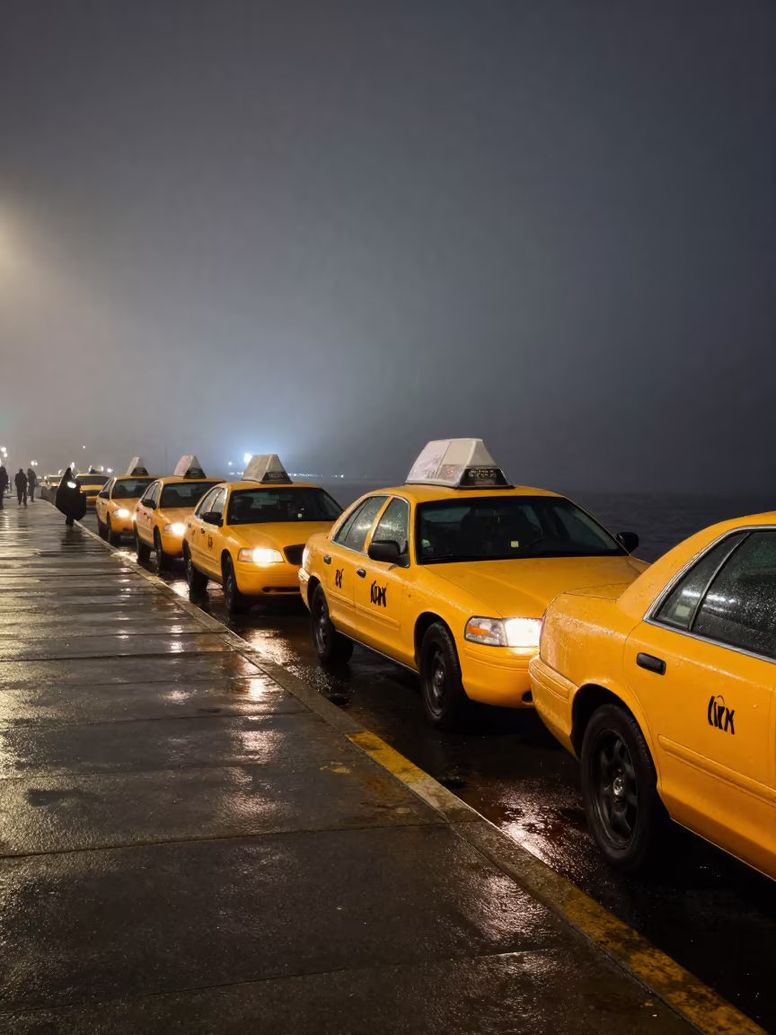 Yellow Taxis in Foggy Zambian Harbor Night in beside a fogbound harbor mouth in Zambia