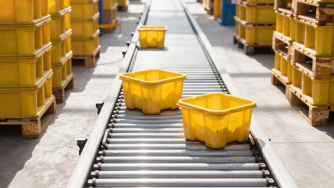 Yellow Totes Scattering on Sorting Belt in Mardin Warehouse in at a fulfillment packing station in Mardin