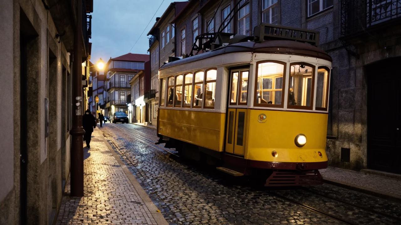 Yellow Tram in Porto at Twilight in in Porto, Portugal