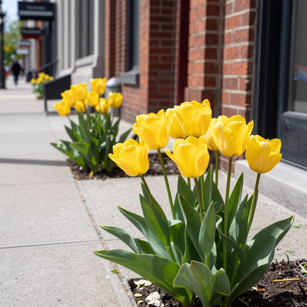 Yellow Tulips in Montreal at Bright Midmorning Light in in Montreal, Quebec, Canada