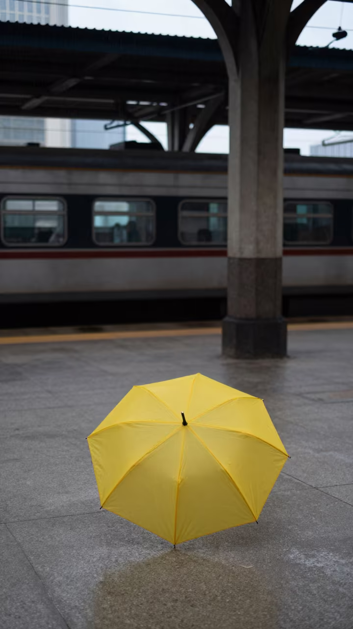Yellow Umbrella on Grey Pavement Cajamarca in inside a restored train terminal in Cajamarca