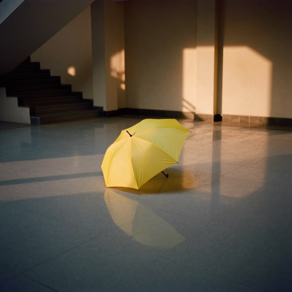 Yellow Umbrella on Grey Stair Hall Pavement in inside a tiled stair hall near Milan