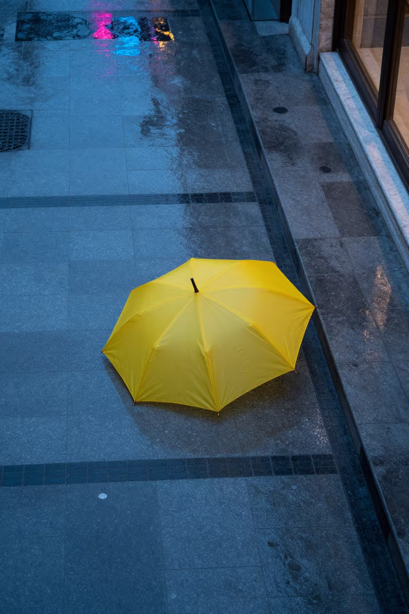 Yellow Umbrella Grey Tiles Evening in inside a tiled stair hall in Istanbul