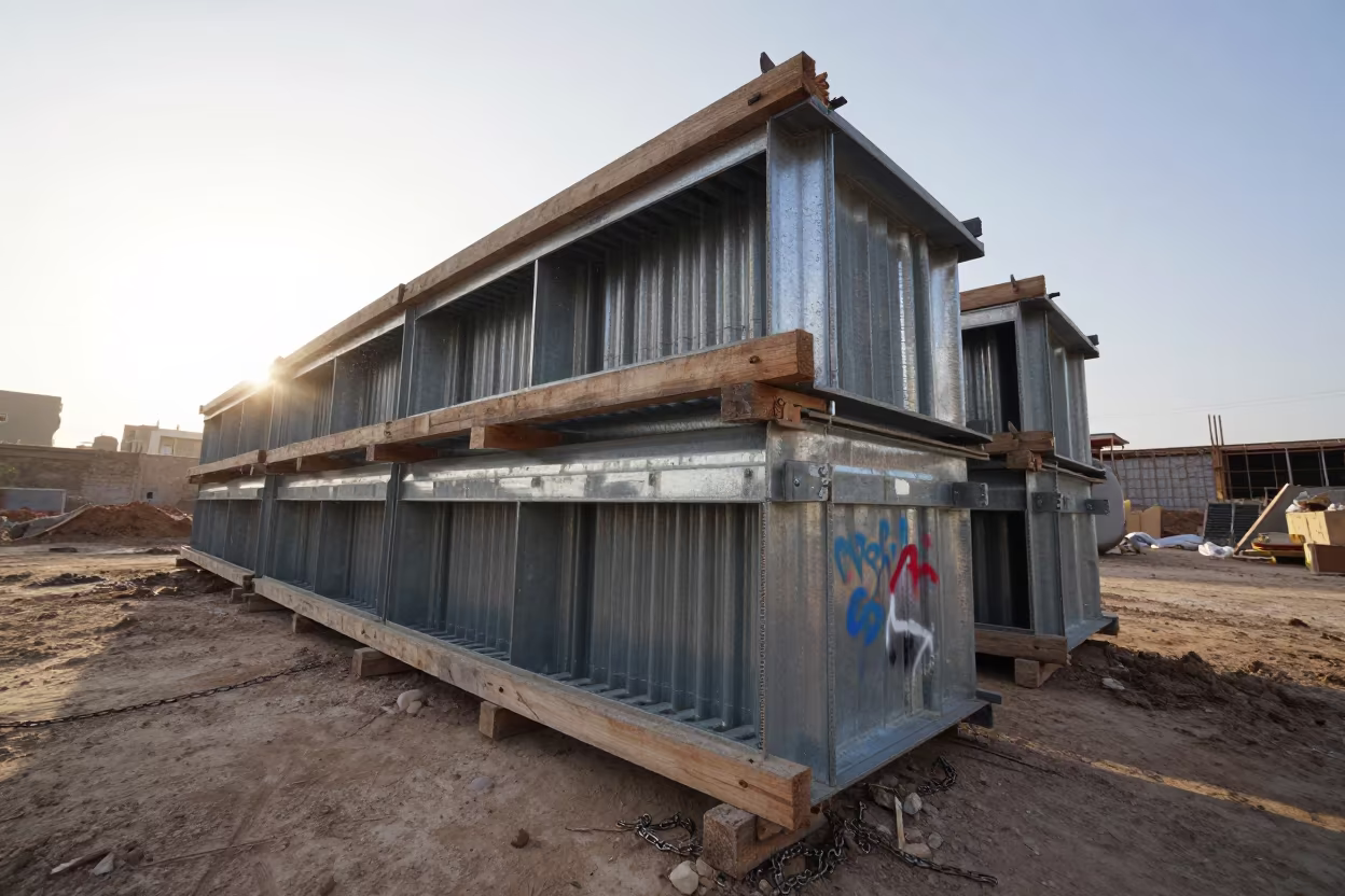 Yemen Storm Drain Filter Stack Morning Light in inside a taped-off excavation edge in Yemen