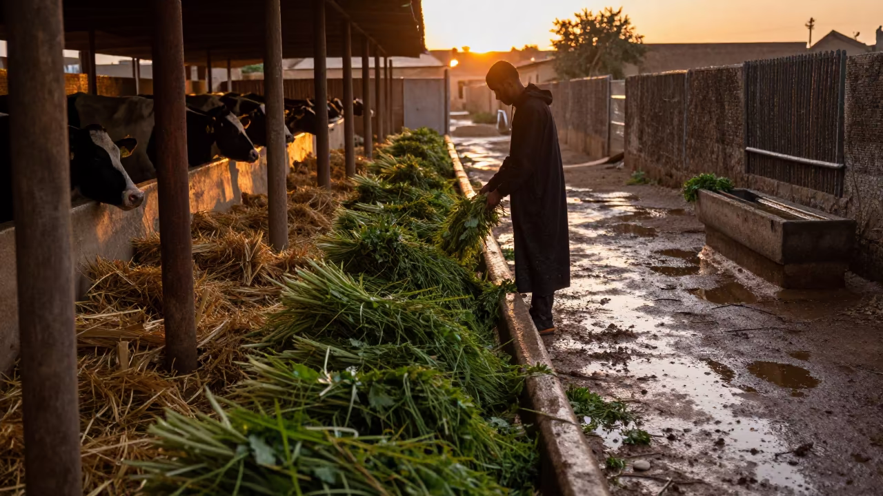 Yemeni Dairy Barn Feed Alley Evening Silage in near a windbreak and water trough in Yemen