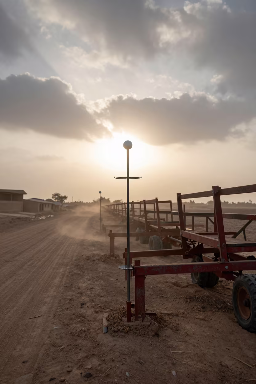 Yemeni Feedlot Disinfectant Wand Rack at Sunrise in along a feedlot lane in Yemen