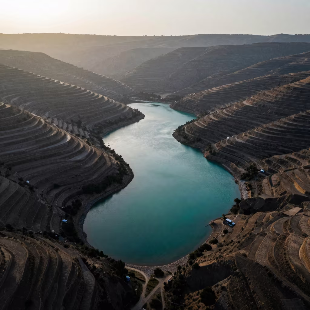 Yemeni Jade Lagoon Aerial View Before Sunrise in far above terraced hillsides in Yemen