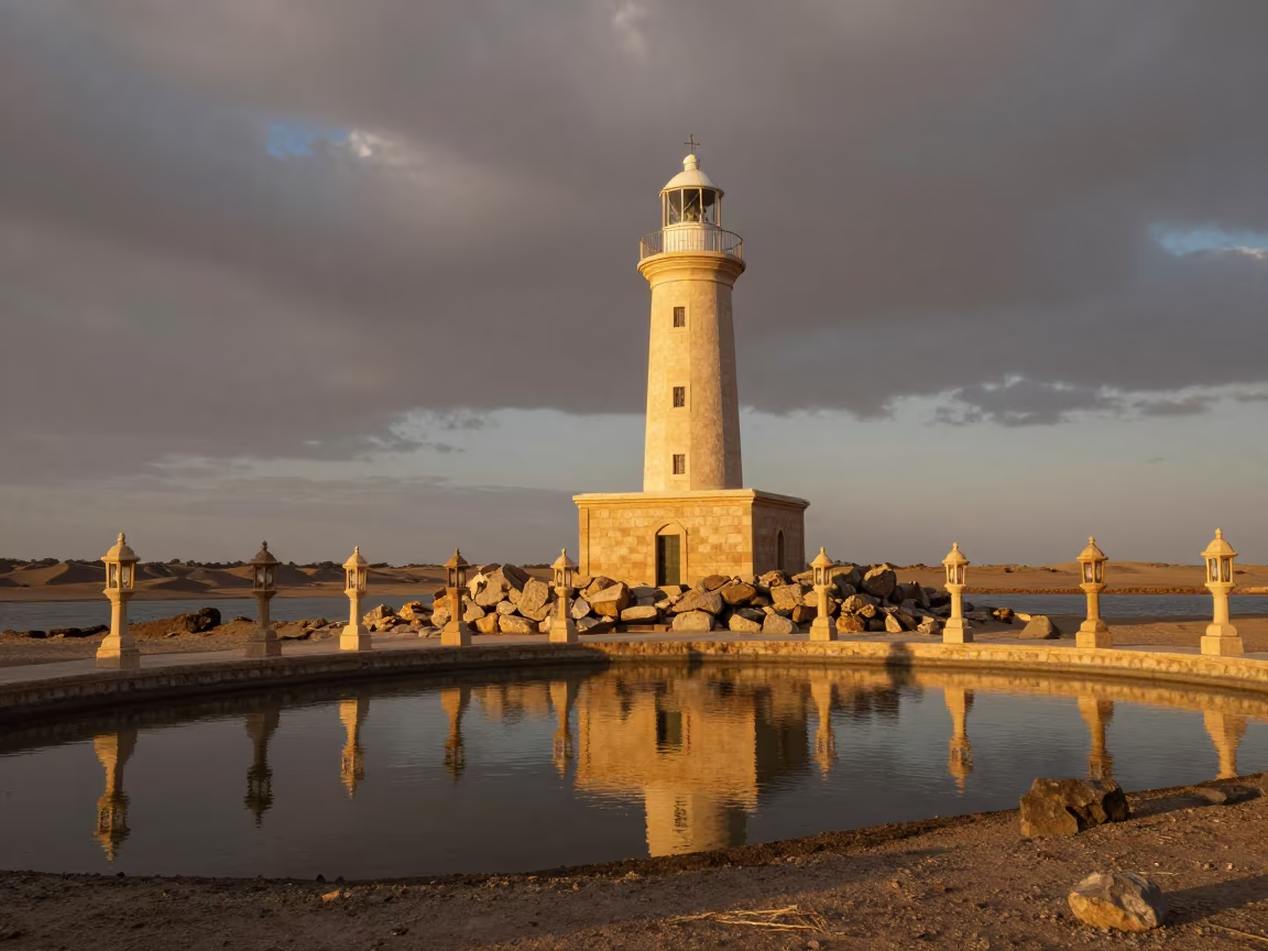 Yemeni Lighthouse Temple Precinct Golden Hour in in a lantern-lined temple precinct in Yemen