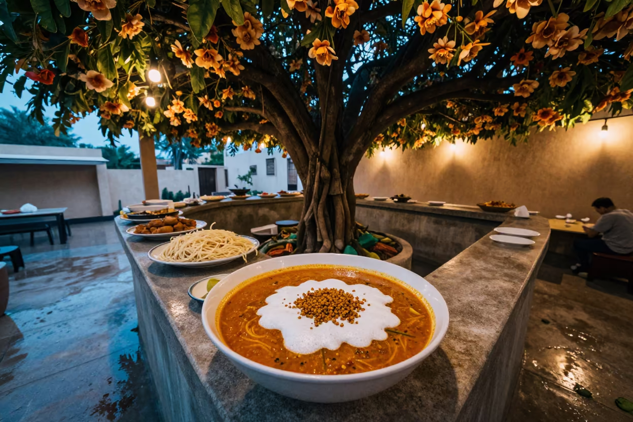 Yemeni Saltah Stew Fenugreek Foam Noodle Counter Monsoon in at a noodle counter in Mangalore