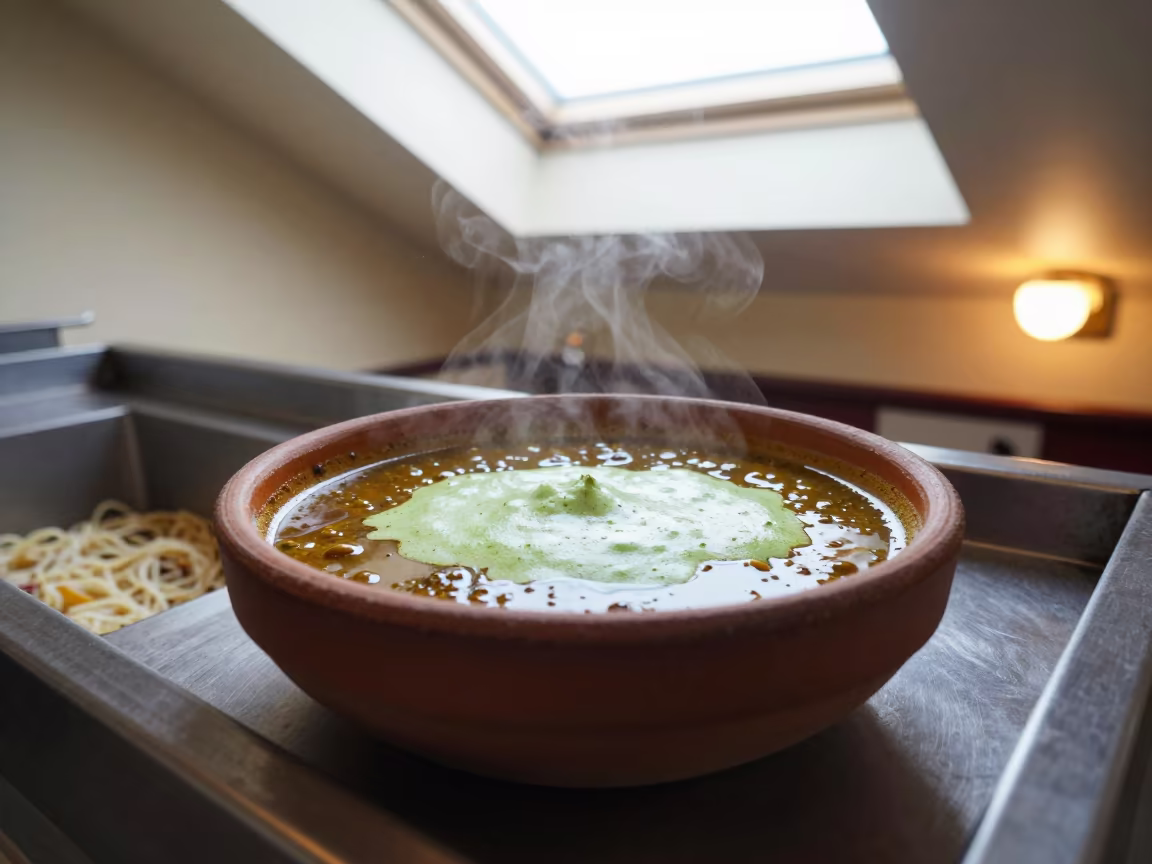 Yemeni Saltah Stew with Fenugreek Foam in at a noodle counter in Winnipeg
