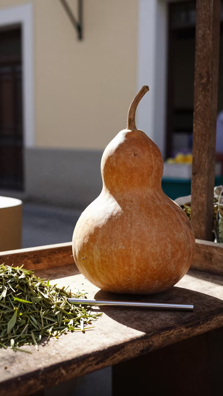 Yerba Mate Gourd with Bombilla on Market Stall in at a market stall counter in Torun