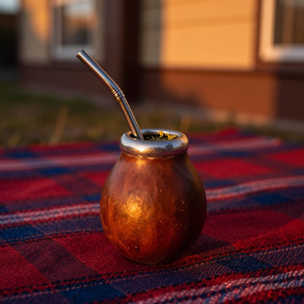Yerba Mate Gourd with Bombilla on Blanket in on a picnic blanket in Erzurum