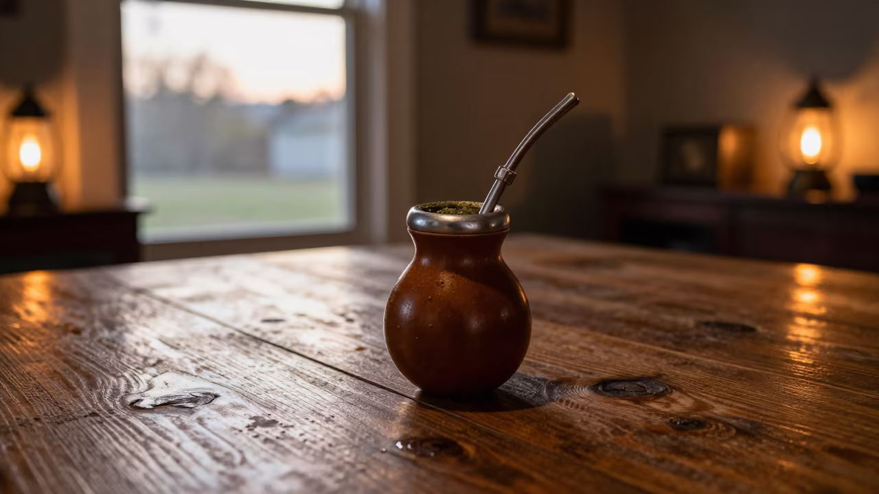 Yerba Mate Gourd Evening Light Houston in on a rustic wooden table in Houston