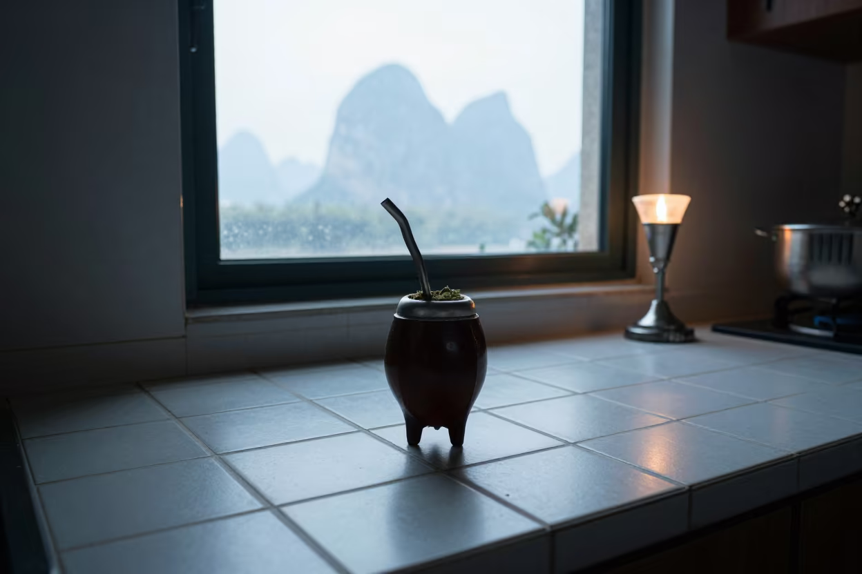Yerba Mate Gourd on Guilin Kitchen Counter at Dawn in on a kitchen worktop in Guilin