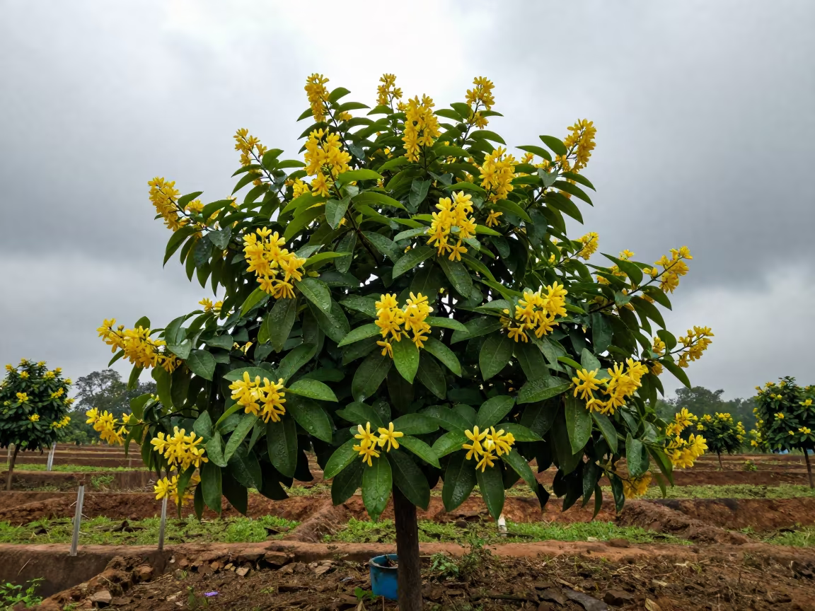 Ylang Ylang Tree Blooming in Madhya Pradesh Rain Garden in among terraced garden plots in Madhya Pradesh