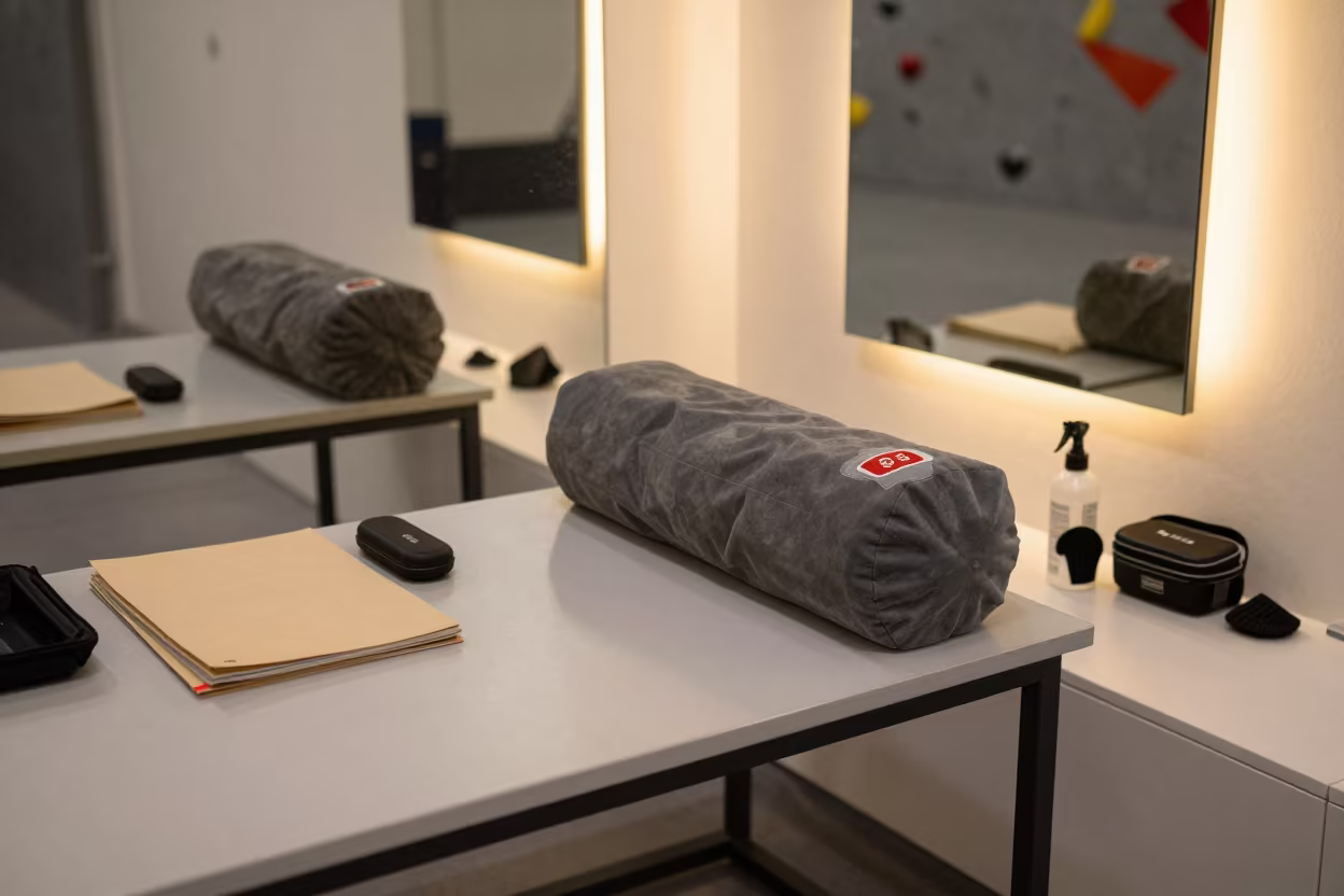Yoga Bolster Patch Tin on Climbing Gym Desk in inside a climbing gym warmup zone in Monterrey