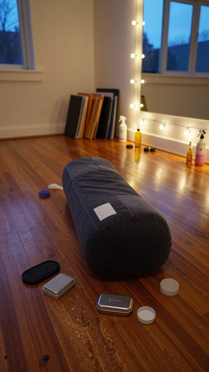 Yoga Bolster Patch Tin on Studio Floor in inside a yoga studio before the session begins in Anyang