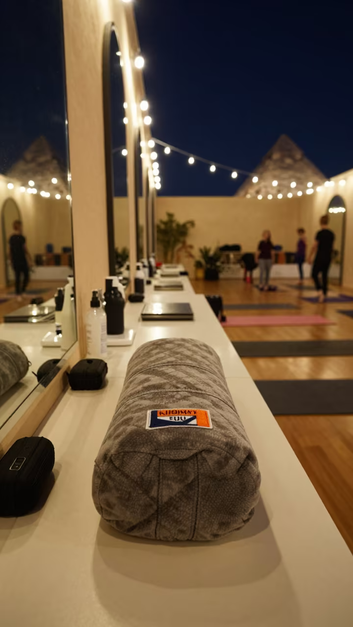 Yoga Bolster Repair Tin on Giza Gym Desk in at a gym check-in desk near Giza