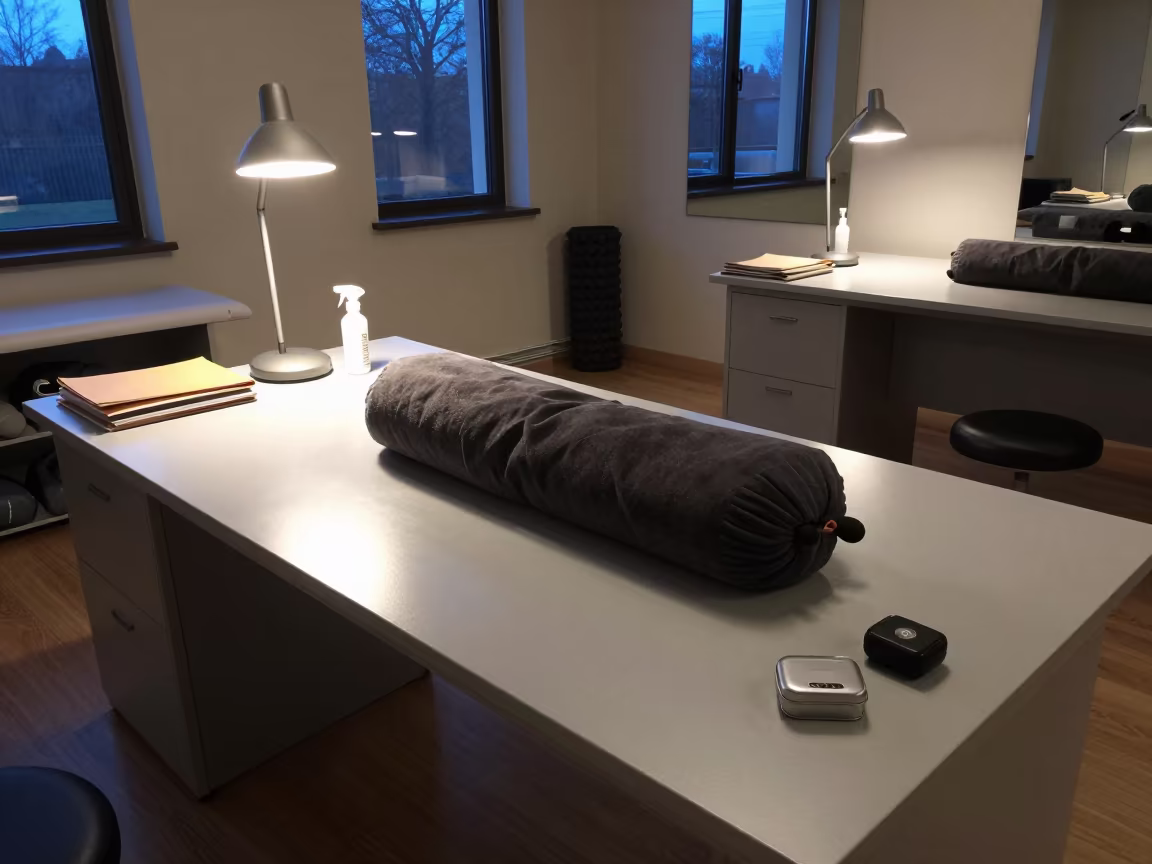 Yoga Bolster Repair Tin on Winter Desk in inside a recovery lounge beside foam rollers in Asheville