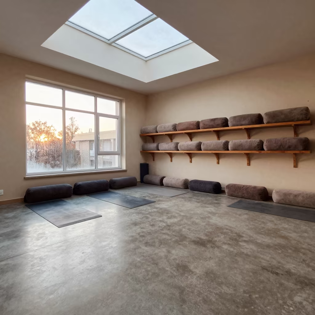 Yoga Bolster Shelf Tehran Studio Late Autumn in inside a yoga studio before the session begins in Darakeh, Tehran